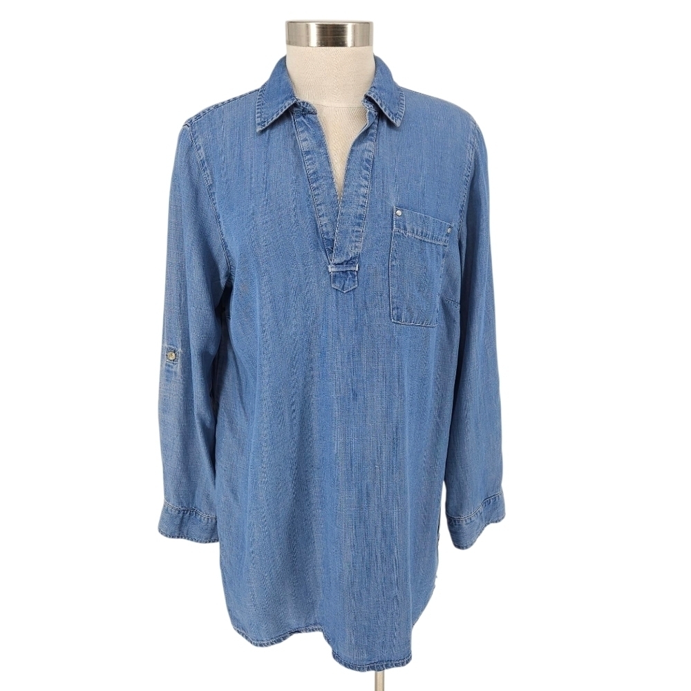 Soma Tunic Shirt Blue Chambray Roll Tab Long Sleeve V Neck Popover Top Medium